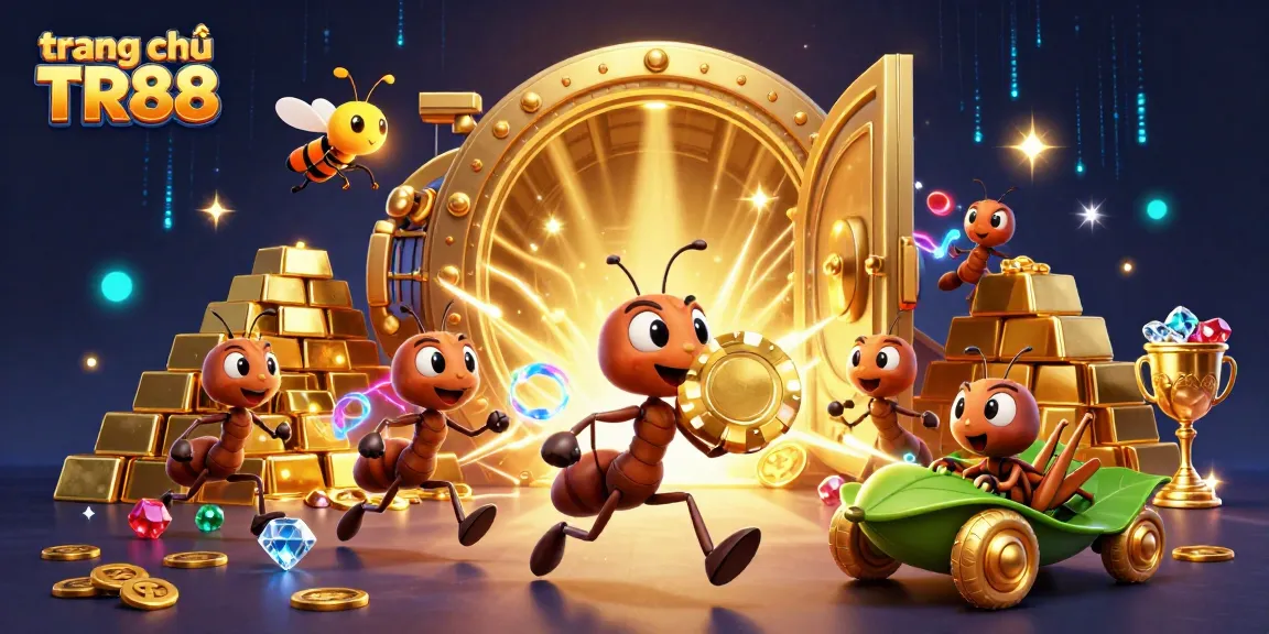 Experience adventure at trang chủ TR88 as ants carry a massive poker chip through a vibrant casino heist scene.
