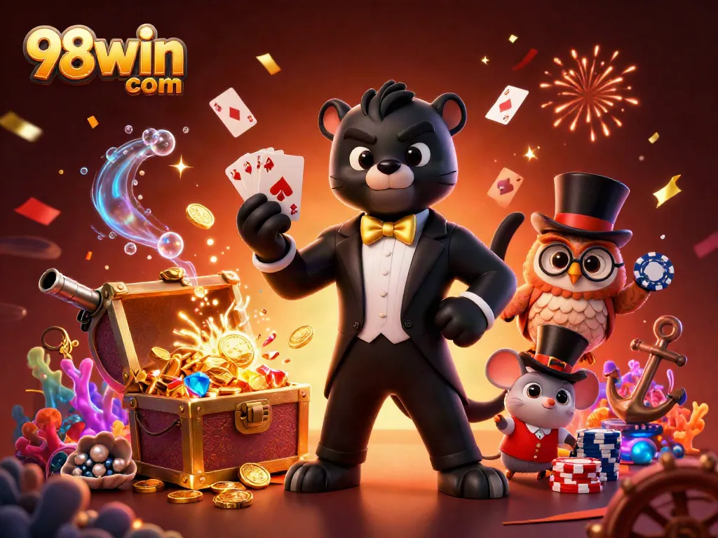 Engaging 3D illustration showcasing 98win com with vibrant characters and casino elements in a colorful scene.