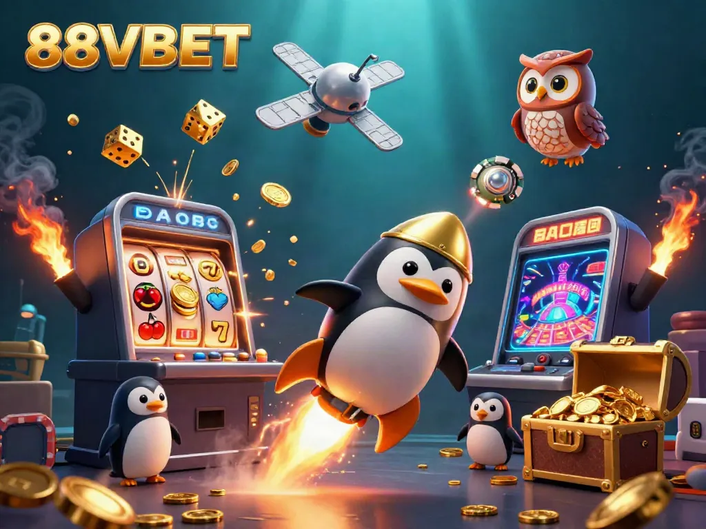 Experience the thrilling 88VBET Casino adventure with a golden penguin and slot machine bursting with joy.