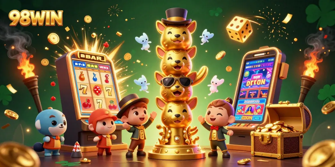Experience high-stakes fun with 98WIN at a vibrant, animated casino scene.