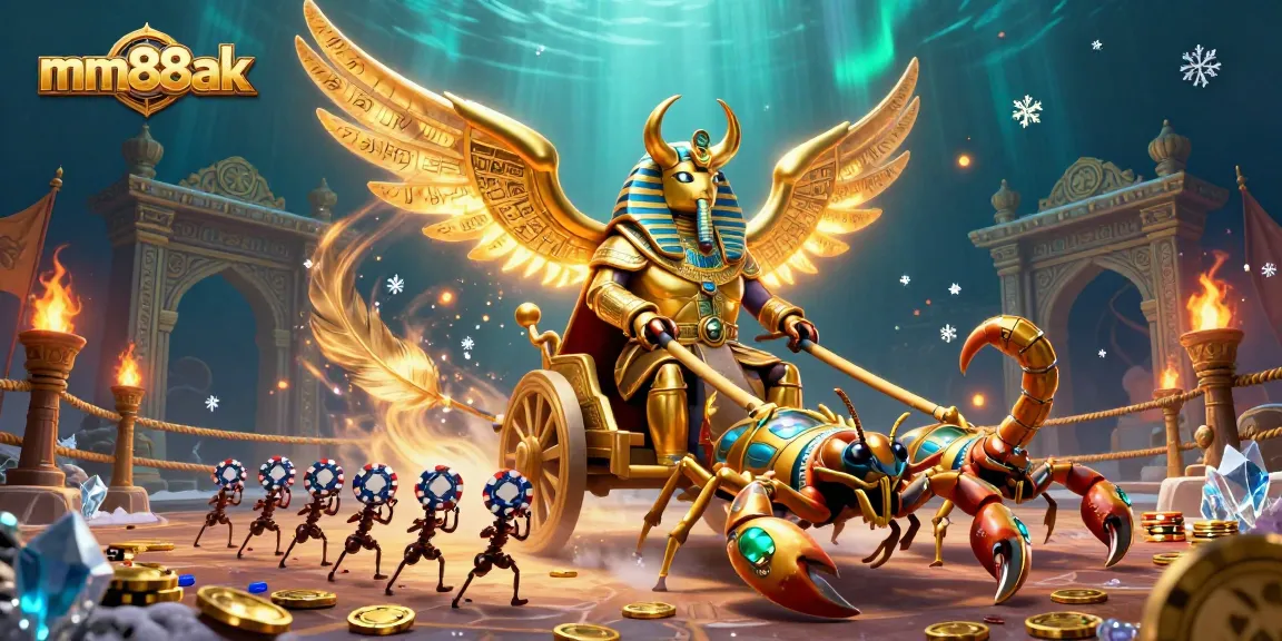 mm88ak's captivating casino adventure features a golden scarab beetle and scorpions amidst swirling gold coins.