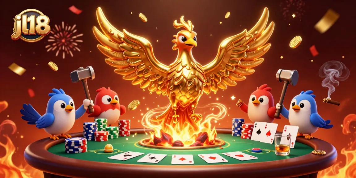 Experience thrilling gameplay at jl18 featuring a golden phoenix and poker elements in a dynamic casino scene.