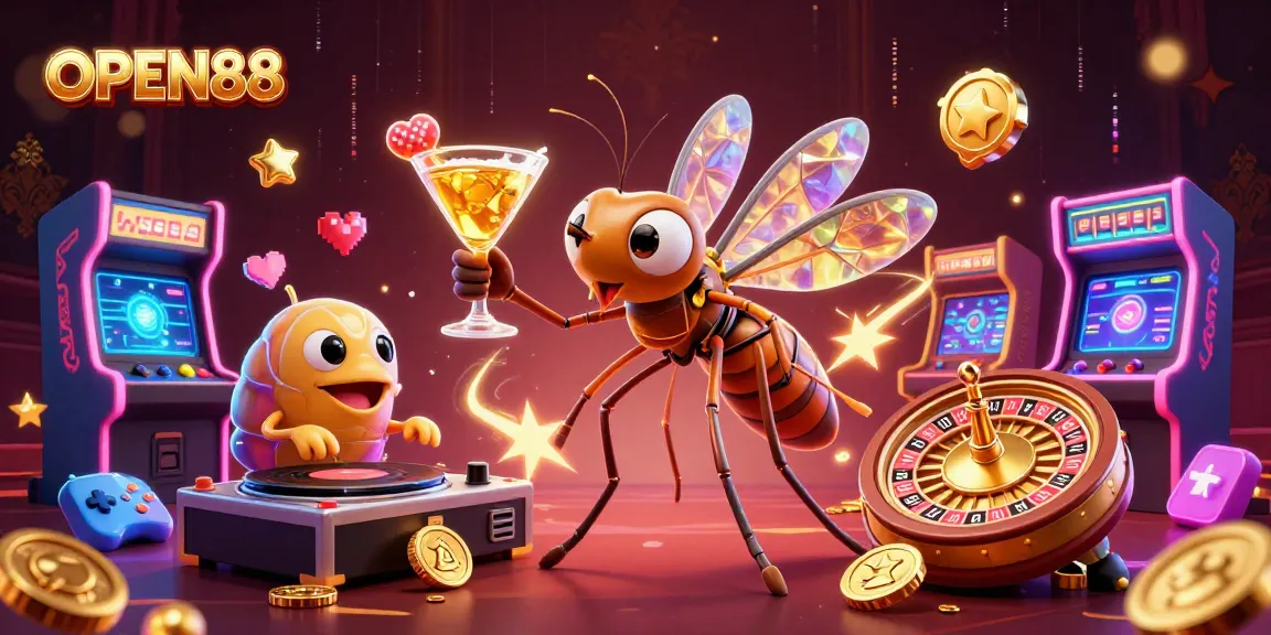 Experience the excitement of OPEN88 with a vibrant 3D illustration showcasing a unique casino scene filled with animated characters and game elements.
