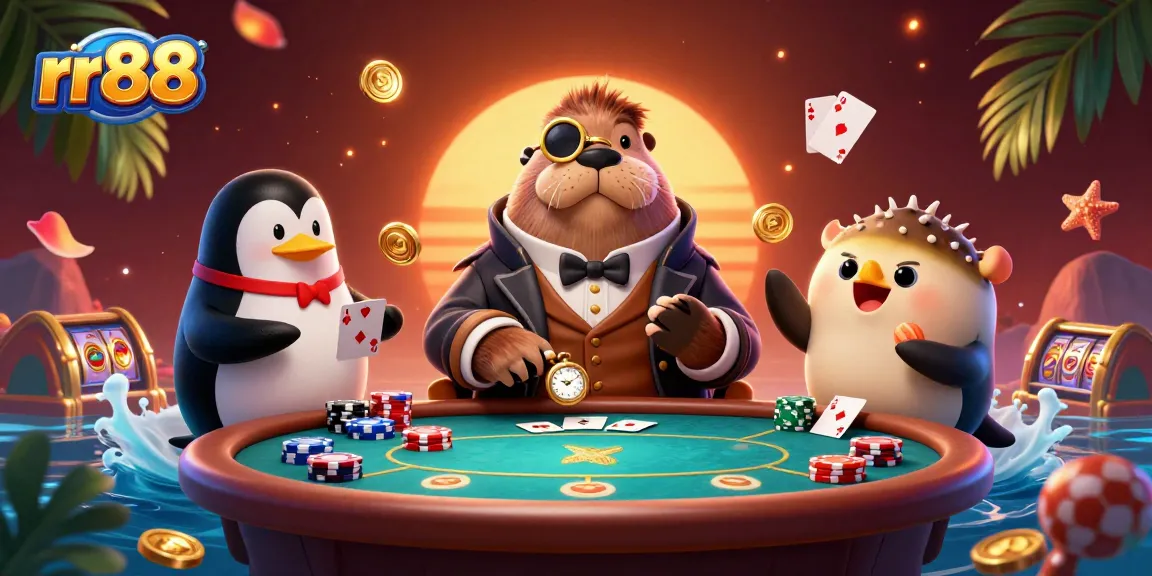 Experience thrilling poker with rr88's jolly walrus, sophisticated dealer, and daring bluffing player.