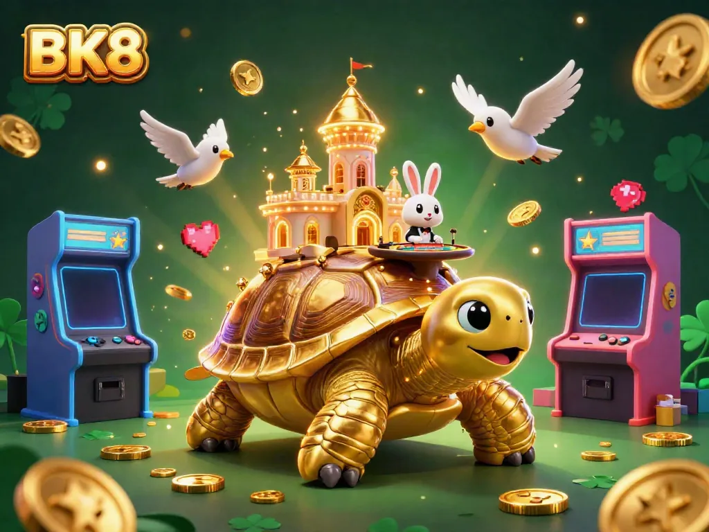 Experience the magic of BK8 with a vibrant 3D casino scene featuring cartoon characters, dynamic gaming elements, and a golden tortoise.