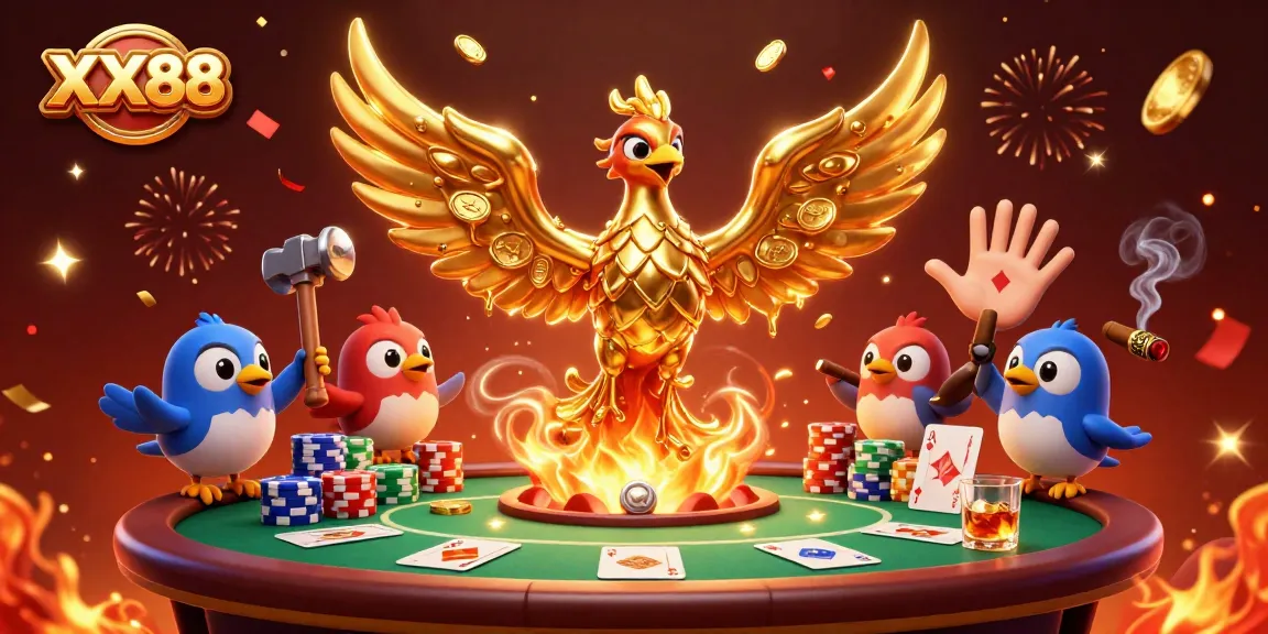 Experience thrilling action with XX88 as the golden phoenix emerges from a forge amidst a lively casino backdrop.
