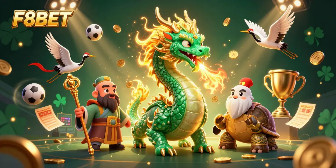 Engage with F8BET's thrilling gaming experience featuring a dynamic 3D illustration of a jade dragon, turtle sage, and lucky cranes.