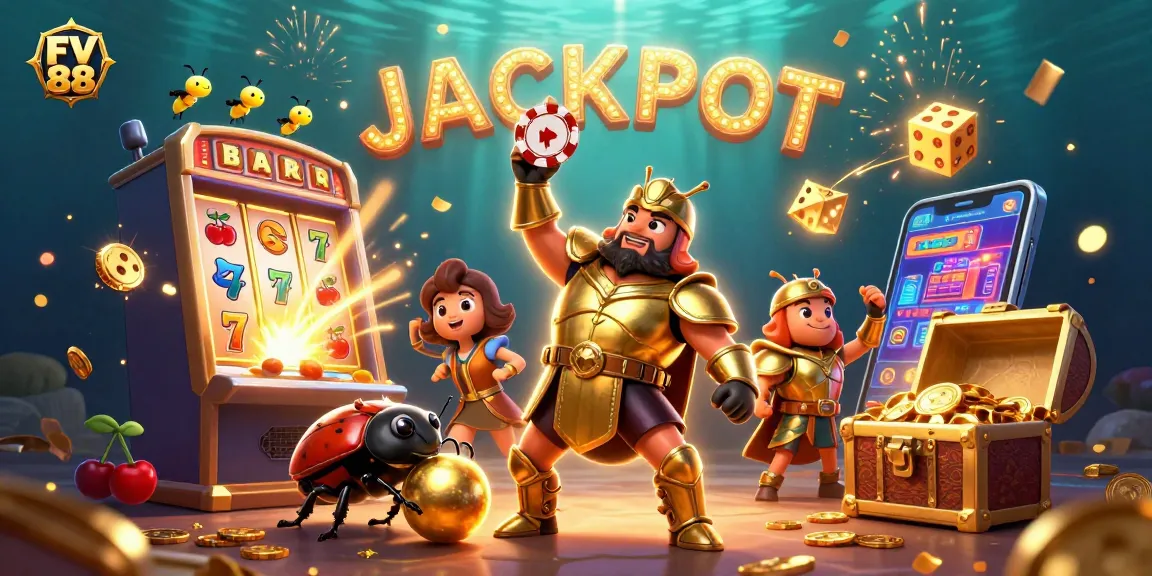 Experience the excitement of FV 88 with a jackpot scene featuring vibrant casino characters and elements.
