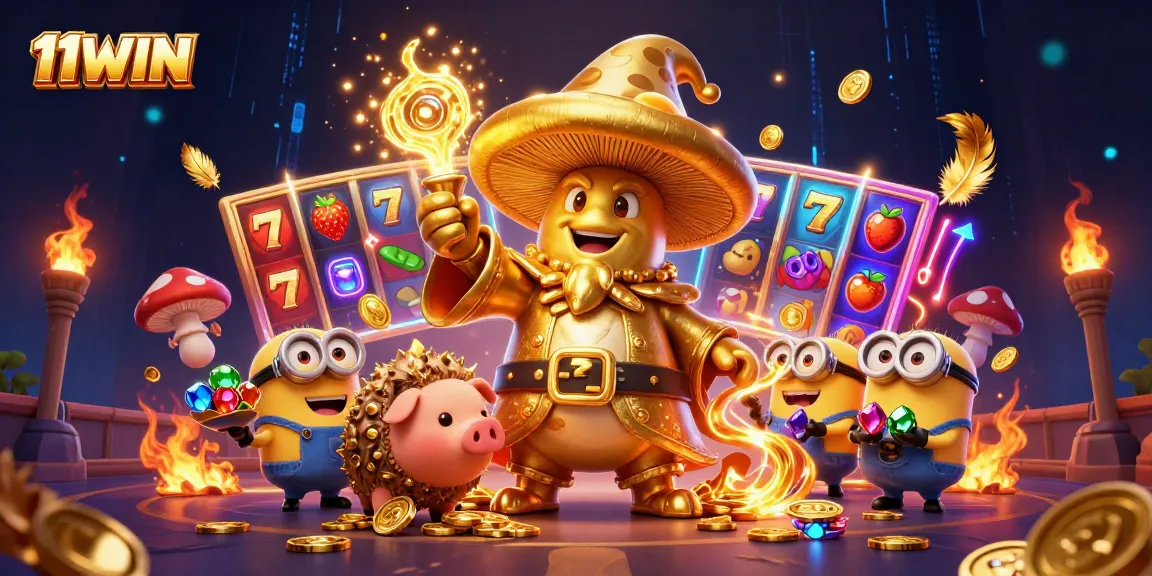 11WIN's enchanted slot scene featuring a golden mushroom wizard and treasures