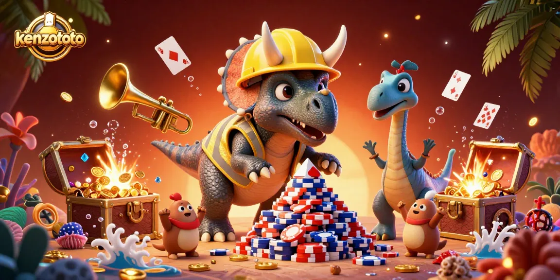 Exciting kenzototo gaming scene with a triceratops building poker chips and various casino elements.