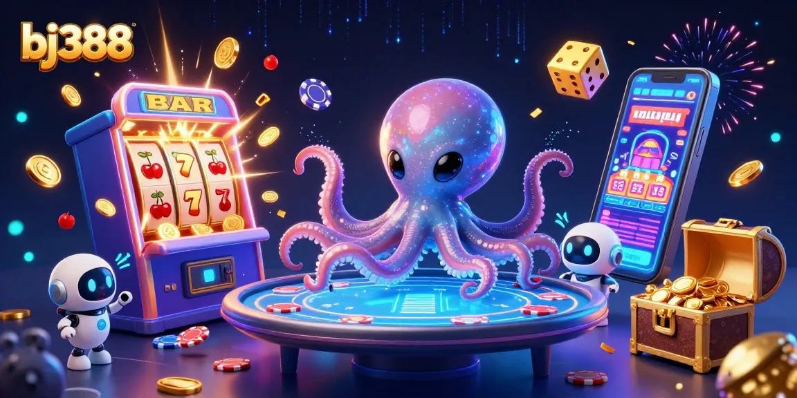 Experience thrilling action at bj388 with an alien octopus at the poker table, surrounded by glimmering casino features.