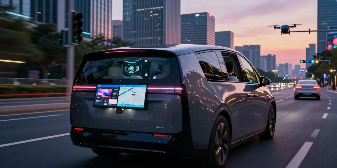Autonomous driving vehicle in a futuristic cityscape, showcasing advanced navigation and technology.