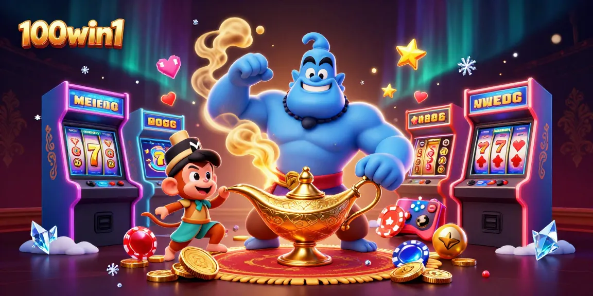 Experience exciting wins at 100win1 with vibrant gaming elements and a magical genie.