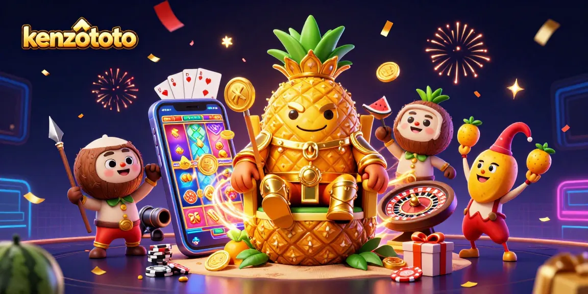 Experience thrilling casino action with kenzototo, featuring a golden pineapple king and vibrant slot elements.