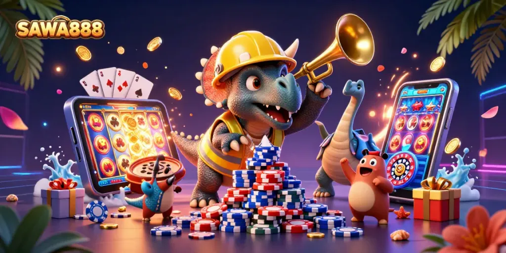 Engage with SAWA888's vibrant casino universe as a joyful triceratops builds a poker chip pyramid.