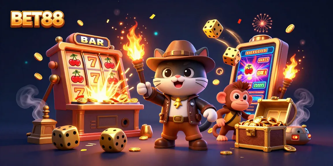 Bet88 players discover a golden artifact amidst vibrant casino elements in a thrilling adventure.