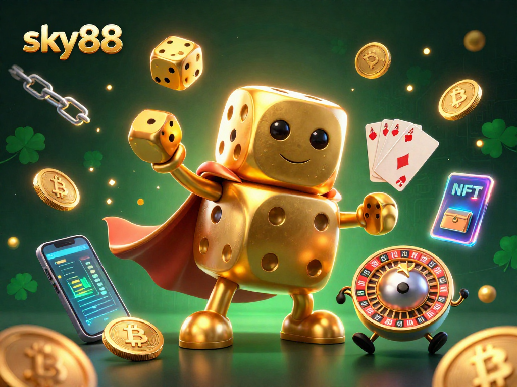 Engage in thrilling games on sky88 with vibrant golden dice golem and cryptocurrency coins.