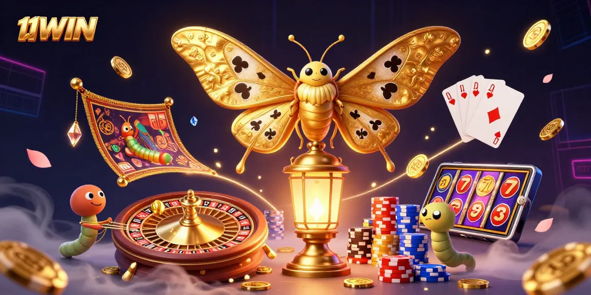 Join the excitement at 11WIN with vibrant casino elements and a captivating moth illustration.