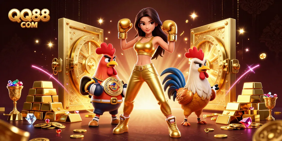 Bet on your favorite games with QQ88 COM in this vibrant 3D casino illustration featuring exciting characters and treasures.
