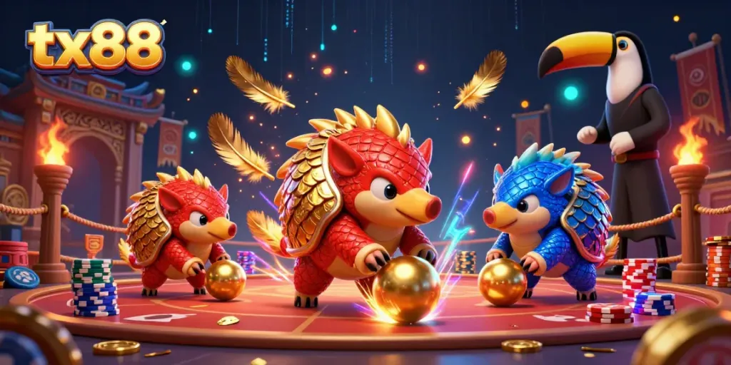 Experience thrilling action with tx88 pangolins rolling golden balls amidst vibrant casino elements.
