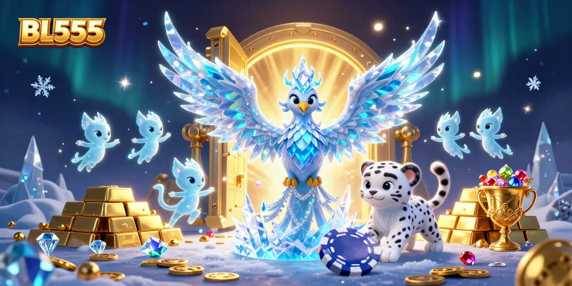 Play with BL555's immersive casino games featuring a vibrant ice phoenix and treasure!
