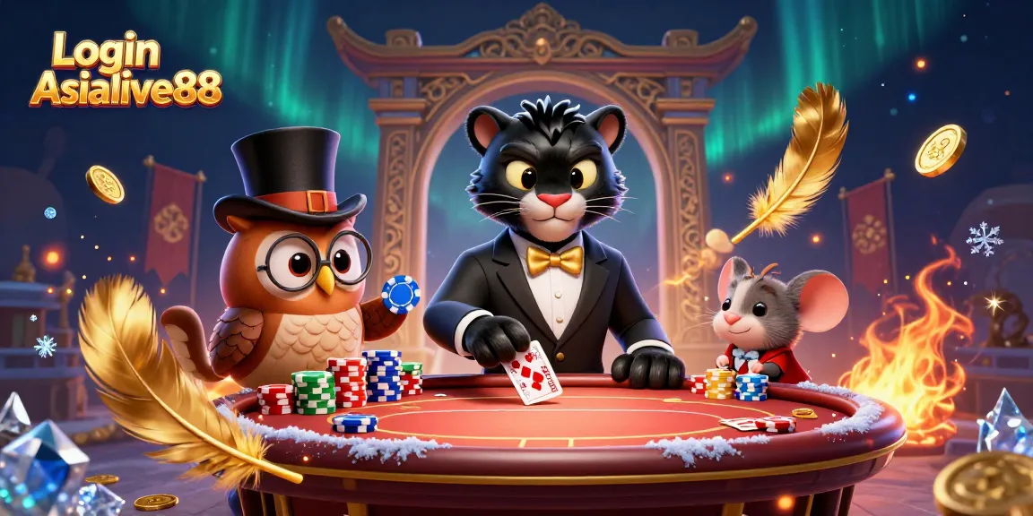 Engage in thrilling games at Login Asialive88, featuring card dealing action in a vibrant casino scene.