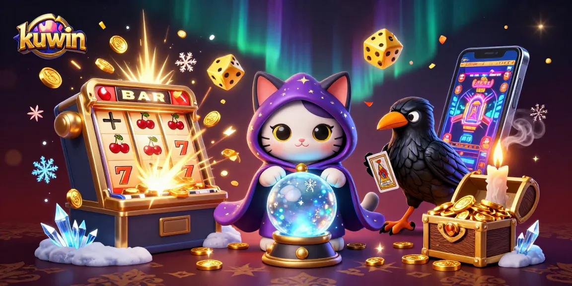 Kuwin jackpot celebration with a mystic cat, tarot raven, and gold coins bursting from a slot machine.