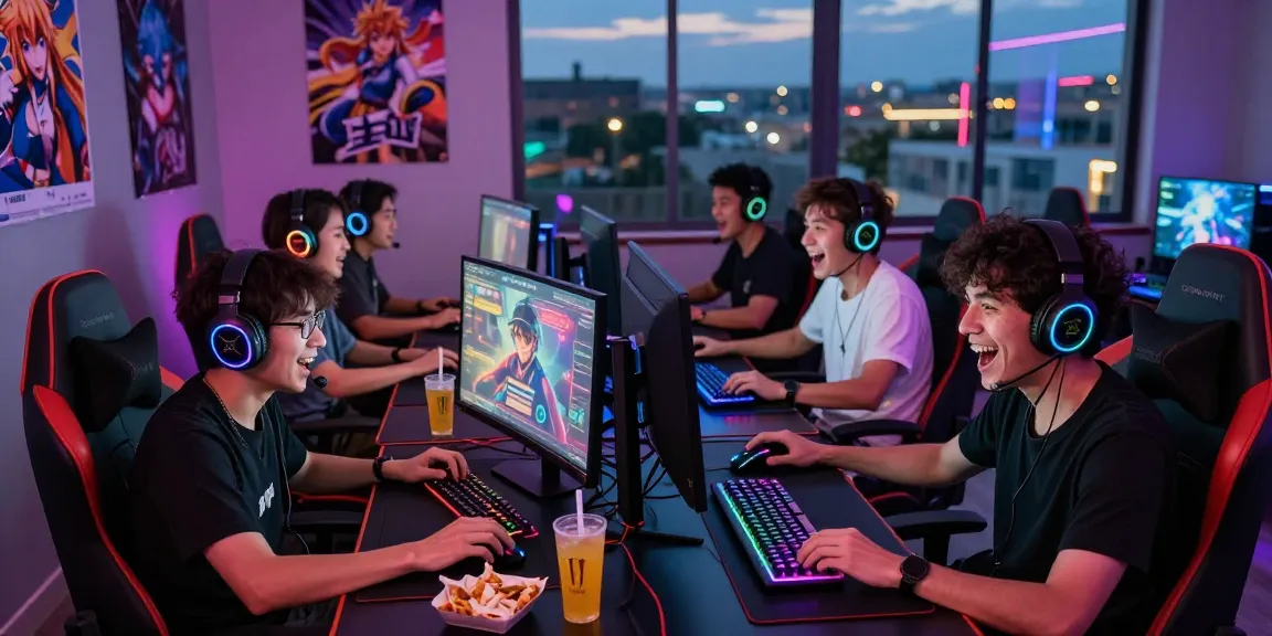 Group of gamers enjoying hentaigames in a vibrant gaming room filled with colorful RGB lights.