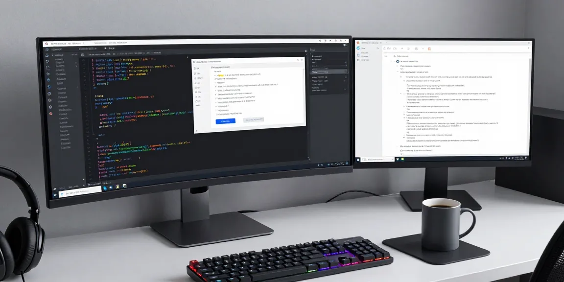 mb66: Advanced software development workspace with coding screen and high-tech gadgets.