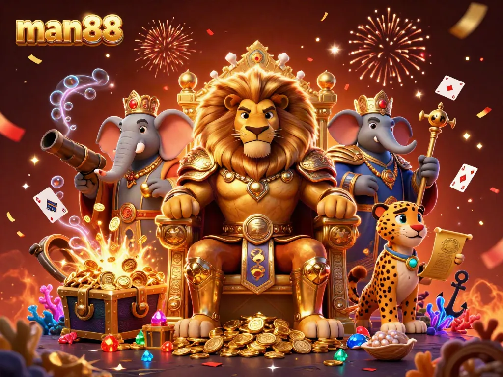 Experience the thrill of winning at man88 with a vibrant lion king and casino elements