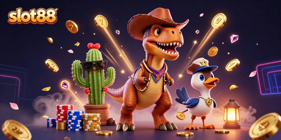 Menggandakan kemenangan di slot88 dengan karakter lucu dan elemen kasino berkilau di kasino virtual.