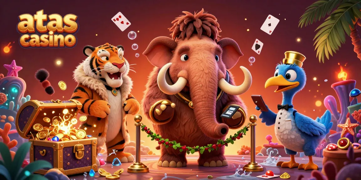 Experience excitement at atas casino with a lively scene featuring a woolly mammoth bouncer interacting with a saber-tooth VIP and a dodo doorman.