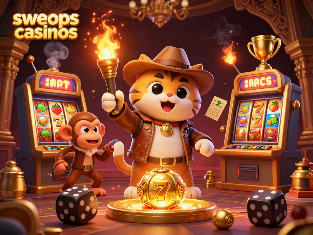Engage with sweeps casinos in this vibrant 3D illustration of a cat archaeologist and a monkey, discovering treasure amidst dynamic slot machines.