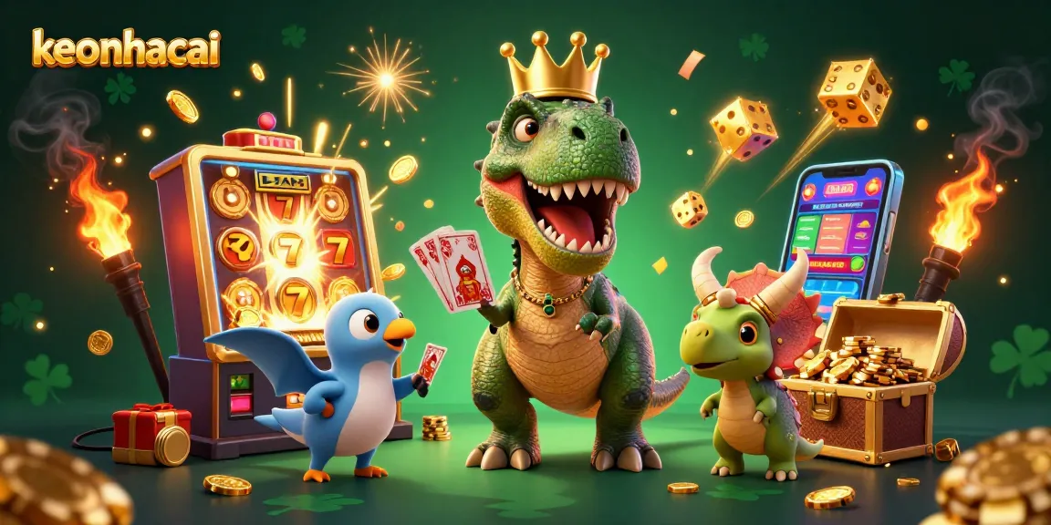 Experience thrilling keonhacai action with a charming T-Rex shuffling cards amid a vibrant casino atmosphere.