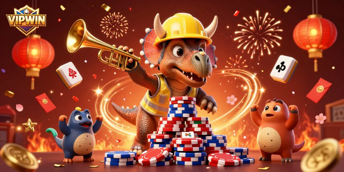 VIPWIN celebrates with dynamic casino excitement showcasing poker chips, confetti, and 3D characters.