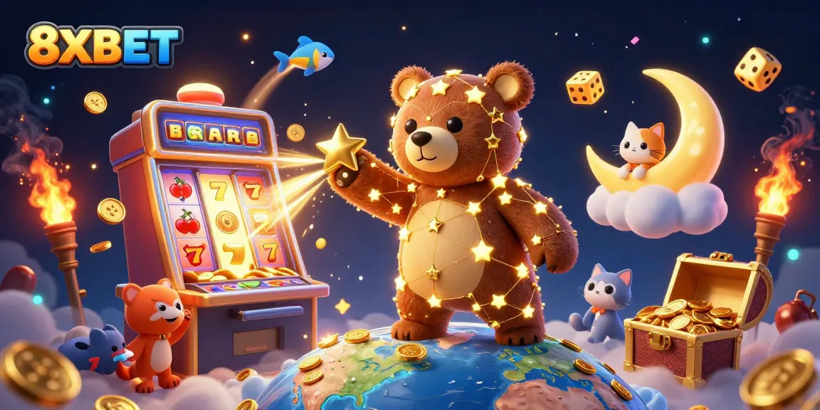 Scoop up winnings with 8XBET in this dynamic casino scene featuring a constellation bear and slot machine.