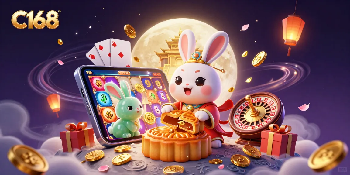 C168 offers exciting online gaming with a scene depicting a rabbit pounding mooncakes revealing poker chips, ideal for slots enthusiasts.