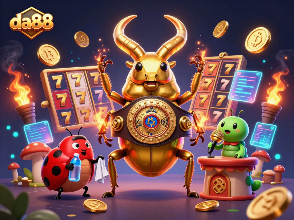 Engage with da88's thrilling slot games featuring a giant golden stag beetle in a vibrant, dynamic atmosphere.