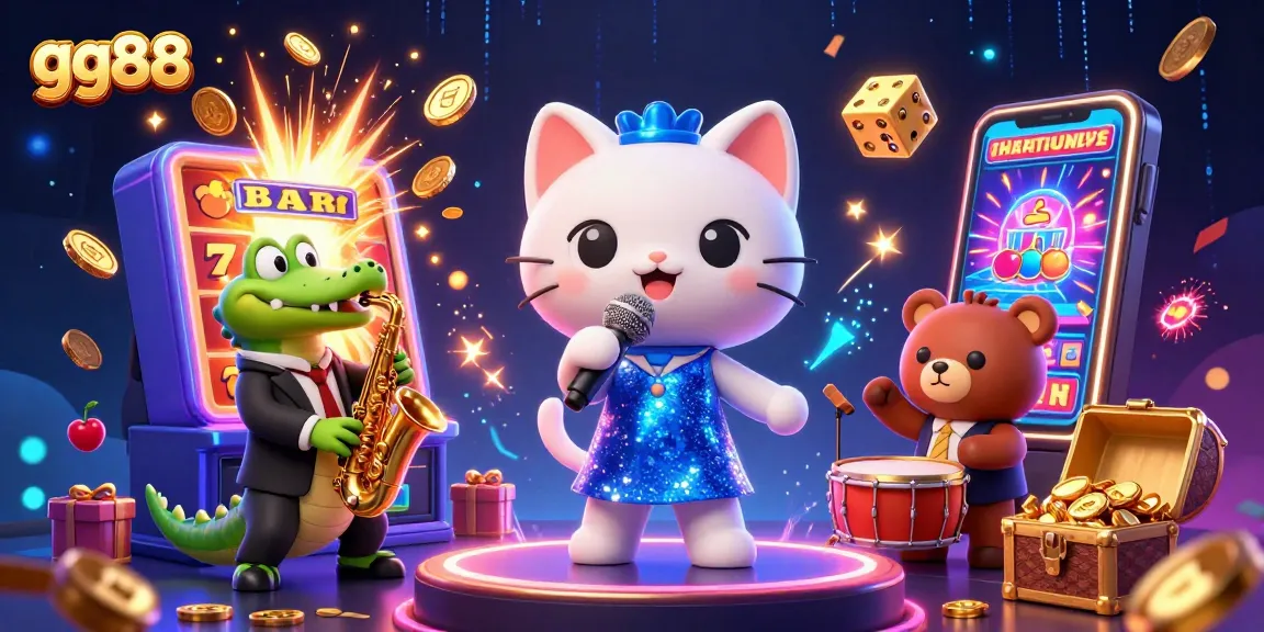 Experience the excitement of gg88 with animated casino characters and dynamic game elements in this vibrant illustration.