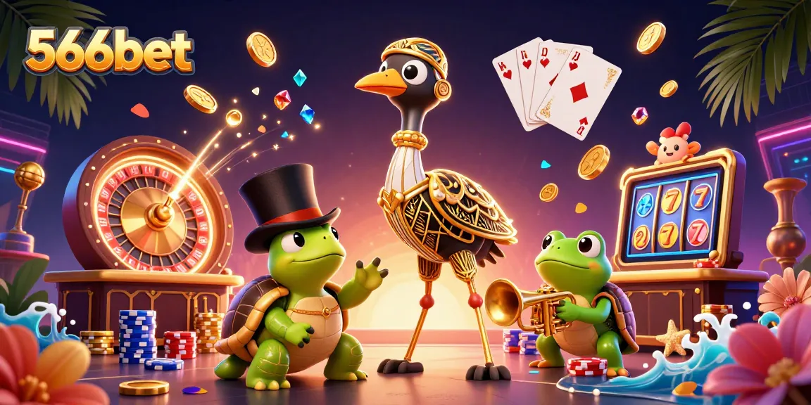 Engage with 566bet's vibrant 3D casino world featuring a cartoon crane, turtle, and frog amidst dynamic gaming elements.