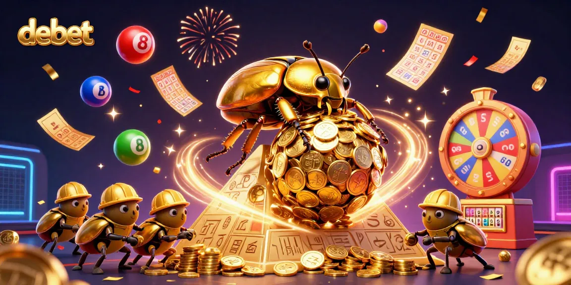 Experience debet excitement with colorful lottery elements and themed characters in a vibrant casino scene.