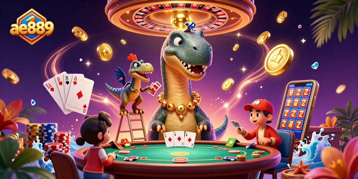 Experience thrilling wins with ae889 in a vibrant casino scene featuring a brontosaurus and clever raptor.
