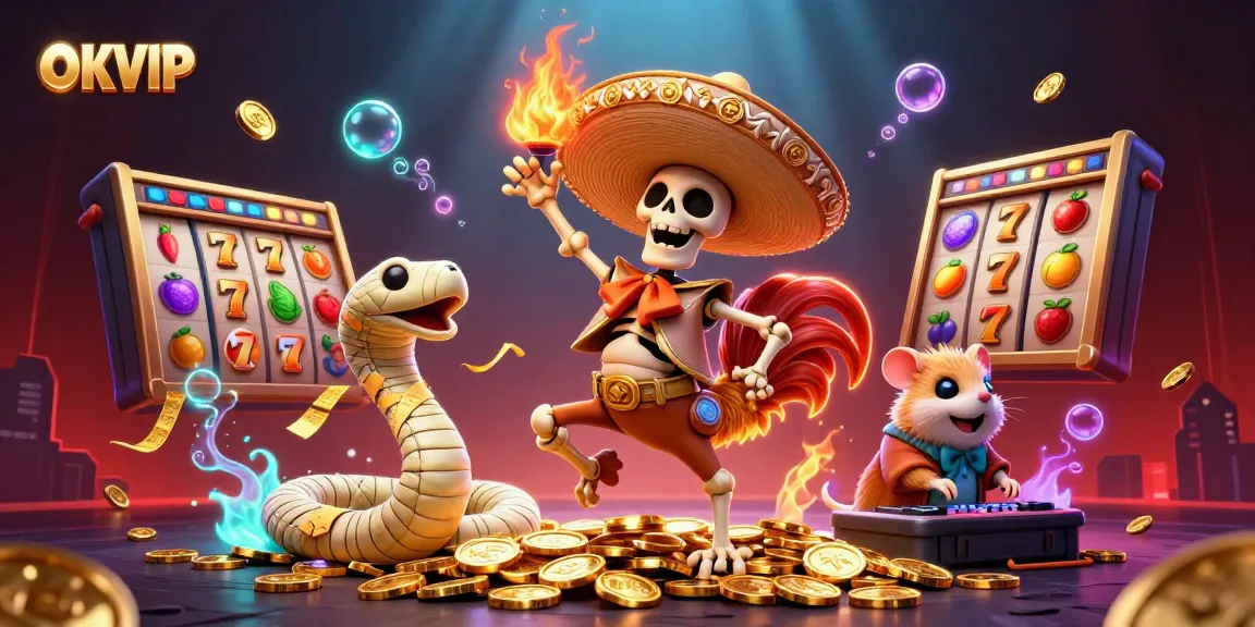 OKVIP's vibrant casino scene showcases a skeleton mariachi rooster dancing on coins, enhancing gaming excitement.