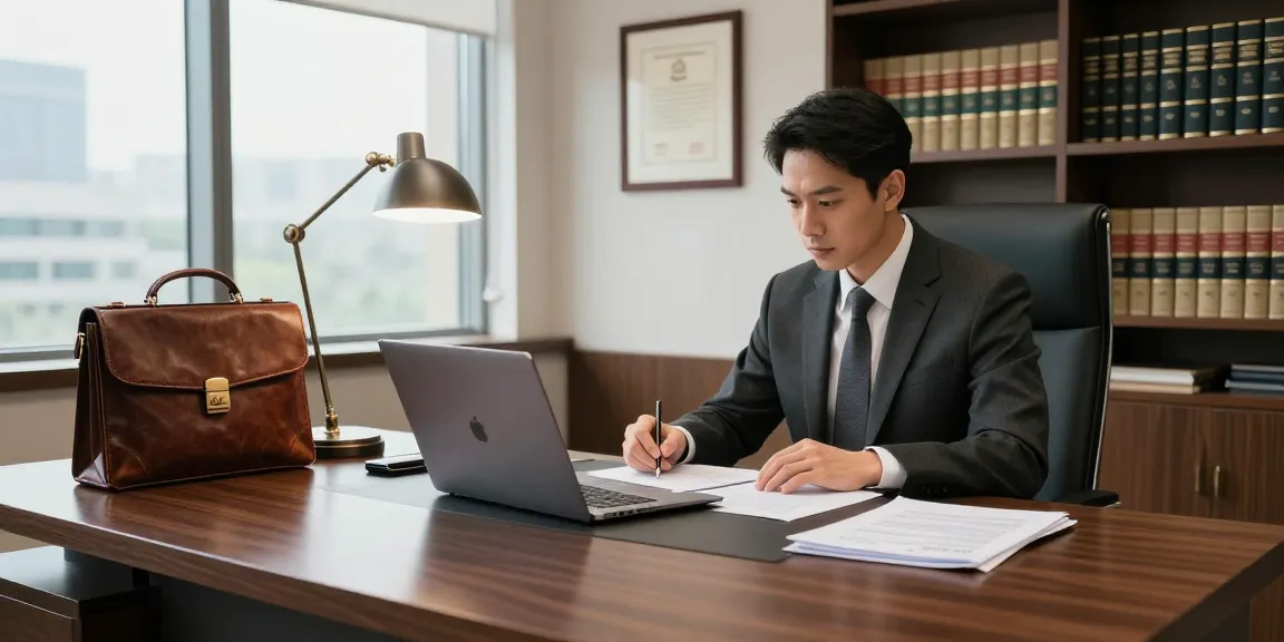 Legal workspace showcasing attorney with documents and statutes related to 123b in modern office setting