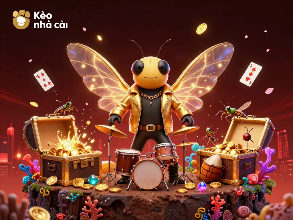 Engage with the vibrant Kèo nhà cái scene featuring a 3D cartoon cicada rock star amidst a treasure-filled underwater setting.