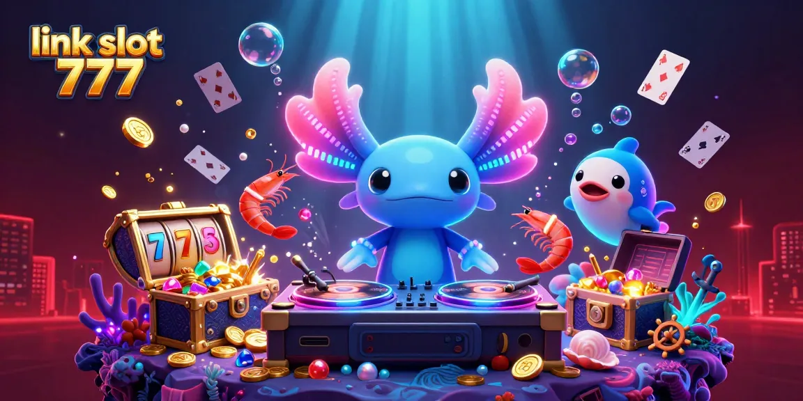 Experience thrilling gameplay with link slot 777 in a vibrant underwater casino scene featuring a neon axolotl DJ and dynamic characters.