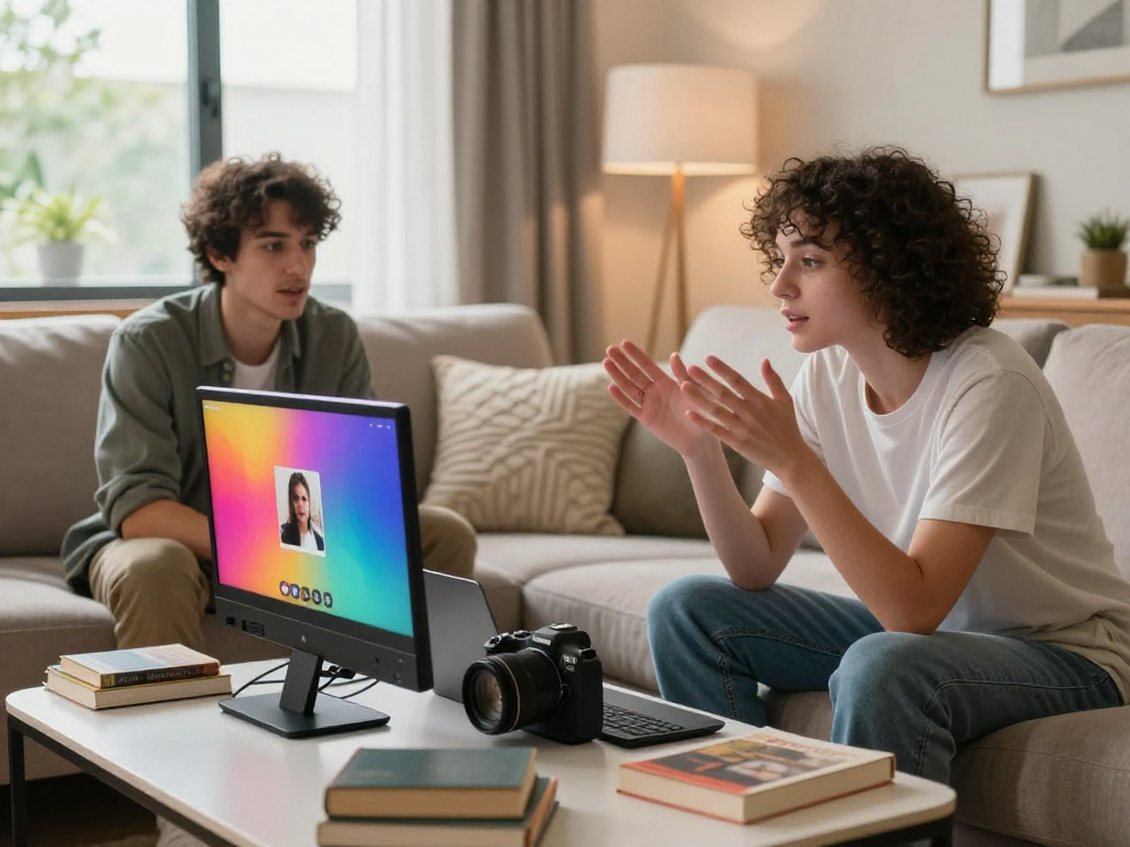 Engaged individuals in a cozy space enjoying a sex ai chat, showcasing technology and personal connection.