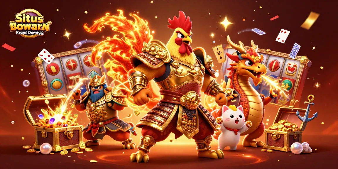 Situs Bola Resmi Dewagg features a dynamic scene with a fighting rooster warrior and dragon hatchling amidst vibrant casino elements.