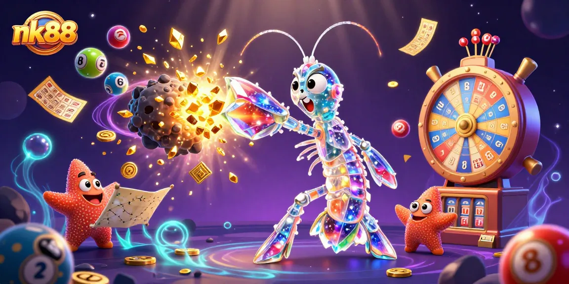 Experience thrilling nk88 gaming adventures with a galactic mantis shrimp battling in a vibrant casino scene.