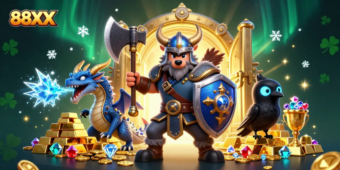 Bet on 88XX using epic Viking, dragon, and treasure elements in a captivating casino scene.